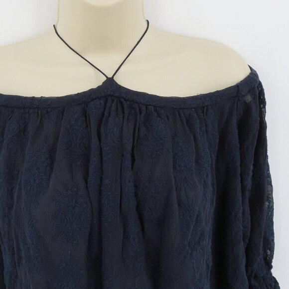 Rebecca Taylor Womens 6 Blue Embroidered Cold Shoulder Flowy Blouse Shirt Top - Picture 2 of 11